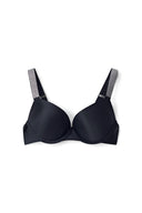 Black super push-up bra with rhinestone straps and padded cups, product shot, front