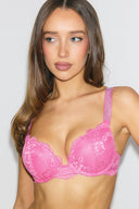 Wild orchid (pink) lace super push-up bra with rhinestone straps and underwire, front view on model