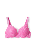 Wild orchid (pink) lace super push-up bra with rhinestone straps and lace-covered cups, product shot, front