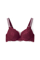 Burgundy lace super push-up bra with rhinestone straps and lace-covered cups, product shot, front