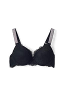 Black lace super push-up bra with rhinestone straps and lace-covered cups, product shot, front