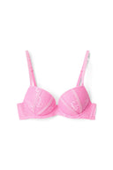 Begonia pink (light pink) super push-up bra with lace cups, lace trim and adjustable straps, product shot, front