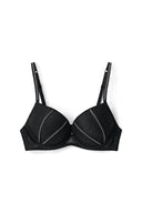 Black lace super push-up bra with rhinestone trim on the cups and adjustable rhinestone straps, product shot, front