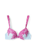 Blue and pink lace push-up bra with underwire cups and lace straps, product shot, front