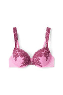 Pink and burgundy lace push-up bra with underwire cups and lace straps, product shot, front