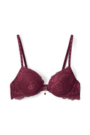 Burgundy lace push-up bra with jewelled front charm and studded straps, product shot, front