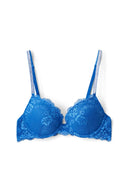 Blue lace push-up bra with scalloped lace cups and rhinestone-studded straps, product shot, front