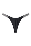 Black satin low-waist thong with wide rhinestone-studded elastic side straps, product shot, front