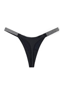 Black satin thong with rhinestone-studded side straps and minimal back coverage, product shot, back