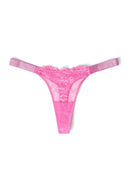 Wild orchid (pink) lace low-waist thong with rhinestone straps and floral lace front, product shot, front