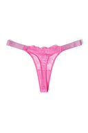 Wild orchid (pink) lace low-waist thong with rhinestone straps and mesh back, product shot, back