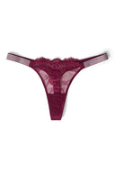 Burgundy lace low-waist thong with rhinestone straps and floral lace front, product shot, front