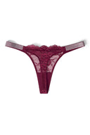 Burgundy lace low-waist thong with rhinestone straps and mesh back, product shot, back