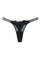Black lace low-waist thong with rhinestone straps and floral lace front, product shot, front