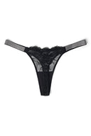 Black lace low-waist thong with rhinestone straps and mesh back, product shot, back