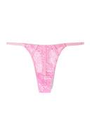 Begonia pink lace low-waist thong with rhinestone side straps and trim, product shot, front
