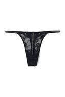 Black lace low-waist thong with rhinestone side straps and rhinestone seams, product shot, front