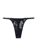 Black lace thong with minimal back coverage and rhinestone side straps, product shot, back