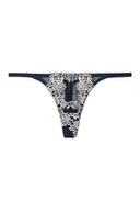White and navy mesh low-waist thong with white floral lace front and slim elastic straps, product shot, front