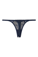 White and navy mesh thong with sheer back and slim elastic straps, product shot, back