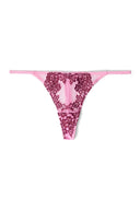 Pink and burgundy mesh low-waist thong with burgundy floral lace front and slim elastic straps, product shot, front