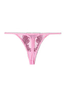 Pink and burgundy mesh thong with sheer back and slim elastic straps, product shot, back