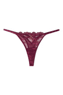 Burgundy lace and mesh thong with scalloped lace front and slim rhinestone straps, product shot, front