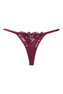 Burgundy lace and mesh thong with charm, narrow sides and rhinestone straps, product shot, back