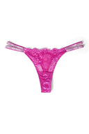 Raspberry rose (magenta) lace low-waist thong with double rhinestone straps and floral lace front, product shot, front