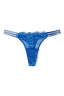 Blue lace low-waist thong with double rhinestone straps and floral lace front, product shot, front
