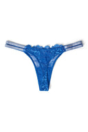 Blue lace low-waist thong with double rhinestone straps and mesh back, product shot, back