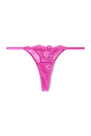 Raspberry rose (pink) shiny lace low-waist thong with slim side straps and scalloped trim, product shot, front