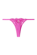 Raspberry rose (pink) shiny lace thong with cut-out back and rhinestone pendant, product shot, back