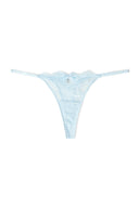 Blue shiny lace low-waist thong with slim side straps and scalloped lace trim, product shot, front