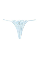 Blue shiny lace thong with cut-out back and rhinestone pendant, product shot, back