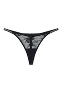 Black low-waist rhinestone G-string with sheer floral lace front and rhinestone side straps, product shot, front