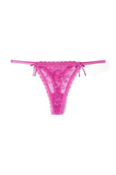 Raspberry rose (magenta) lace tight-fit mid-waist thong with satin side bows and scalloped lace edges, product shot, front