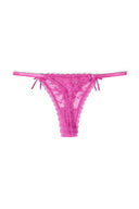 Raspberry rose (magenta) lace tight-fit mid-waist thong with satin side bows and mesh back, product shot, back