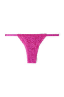 Wild orchid (purple) floral lace thong with slim elastic side straps, product shot, front
