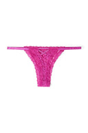 Wild orchid (purple) lace thong with rhinestone-embellished cut-out and slim side straps, product shot, back