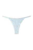 Ice blue (light blue) floral lace thong with slim elastic side straps, product shot, front