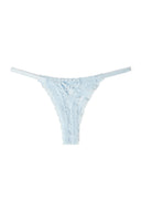 Ice blue (light blue) lace thong with rhinestone-embellished cut-out and slim side straps, product shot, back