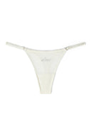 Gardenia (off-white) mesh thong with rhinestone Love text and rhinestone straps, product shot, front