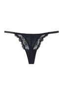 Black lace mid-waist thong with rhinestone-embellished elastic sides and narrow straps, product shot, front