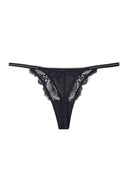 Black lace thong with rhinestone-embellished sides and minimal back coverage, product shot, back