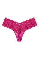 Raspberry rose (deep pink) multitone lace hipsters with satin bow, heart charm and lined crotch, product shot, back