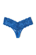 Ocean blue multitone lace hipsters with scalloped waistband and cheeky cut, product shot, front