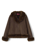 Brown faux fur loose-fit jacket with fur collar and fur-trimmed cuffs, product shot, front
