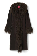 Dark brown faux fur full-length coat with shaggy collar, front trim and cuffs, product shot, front