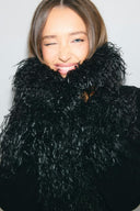 Black faux fur coat, close-up of shaggy collar worn turned up